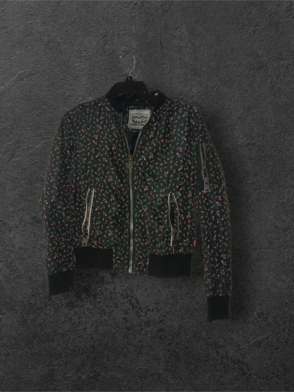 Levi Strauss Floral Print Bomber Jacket XS Black Lightweight Zip Front